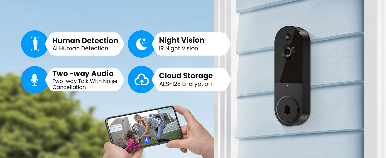 SHARKPOP 1080p Smart Wireless Video Doorbell Camera, Chime Ringer Included, AI Human Detection, 2-Way Audio, Live View, 2.4G WiFi, Night Vision, Cloud Storage, Battery Powered. 11 T50