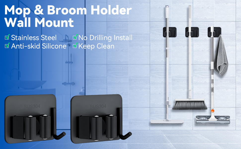 AceMining 6Pcs Broom Holder, Black Broom Holder Wall Mounted, Stainless