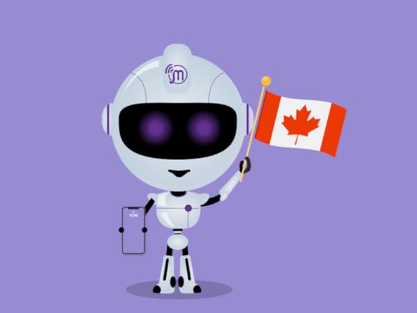 A robot holding a Canadian flag and a mobile phone