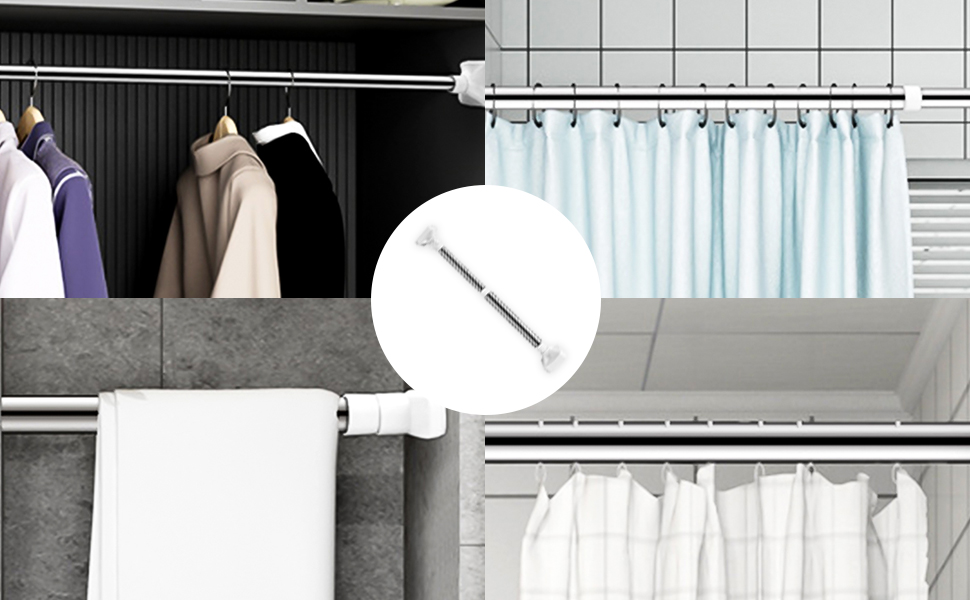 een douchegordijnstang met een witte handdoekstang.