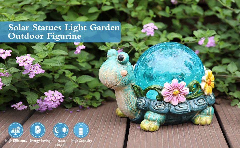 Garden Statue Turtle Figurine - Solar Powered Resin Animal Sculpture with LED Warm String Light