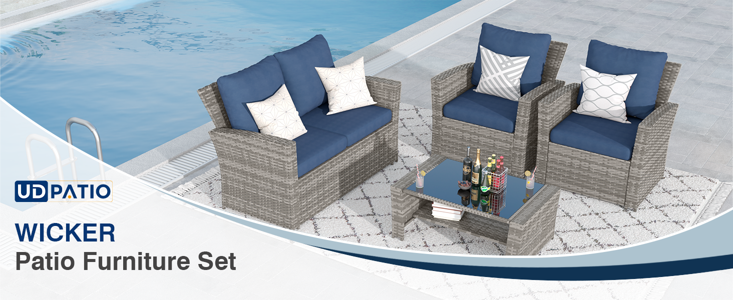 UDPATIO Patio Sofa Set of 4, Patio Furniture Set with Glass