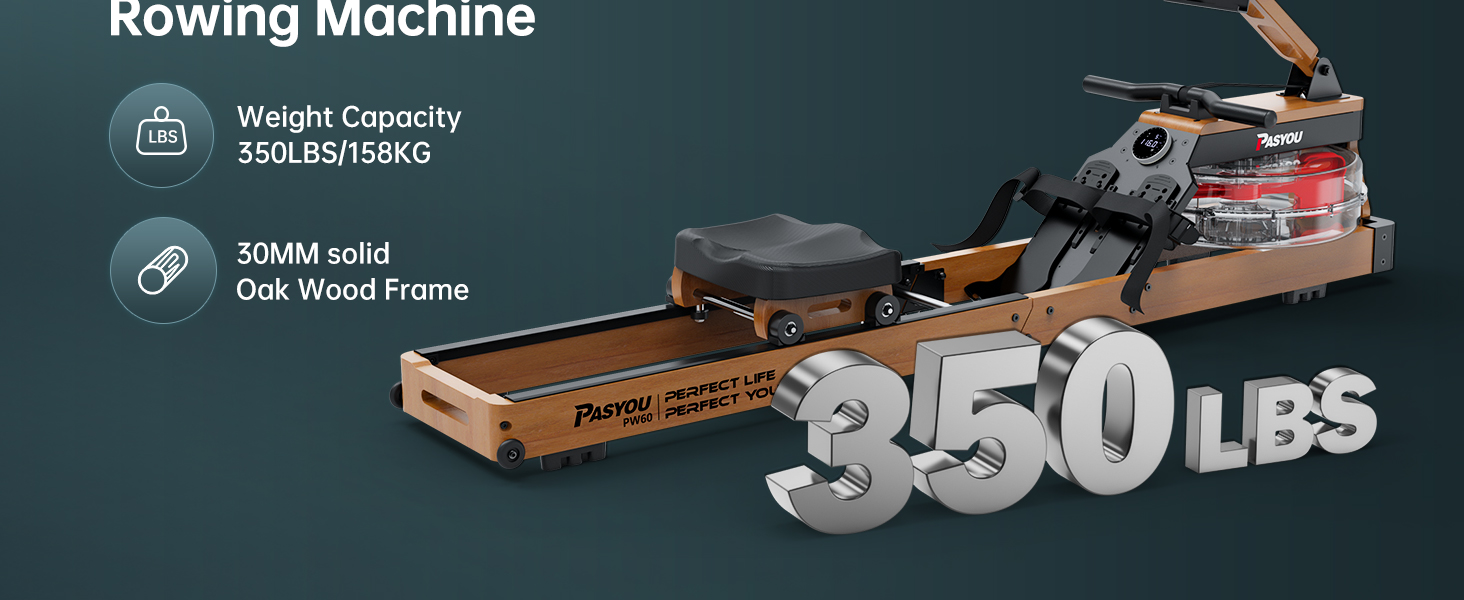 Wooden rowing machine with digital display. Features include 350 lbs weight capacity, 30MM solid oak wood frame, and water resistance mechanism.