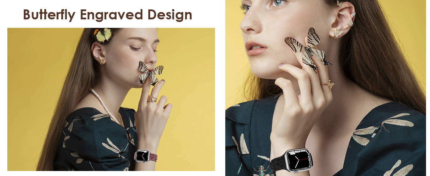 Butterfly with Charms engraved apple watch bandsBlack/Pink/Starlight/Violet Smoke