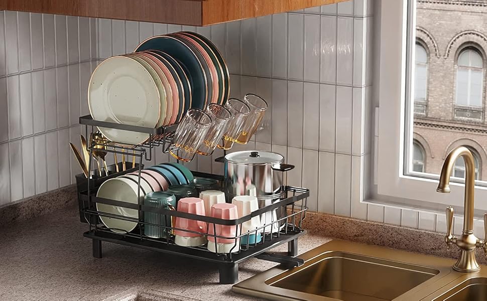 EMANIS Dish Drainers, Double Layer Dish Rack with Drainage Plate and