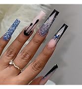 Halloween Press on Nails Long Square Fake Nails with Designs Spider Web Stick on Nail Coffin Acry...
