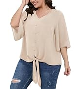 SCOMCHIC Women's Plus Size Blouses V Neck Tops 3/4 Sleeve Tie Knot Casual False Button Down Shirt...