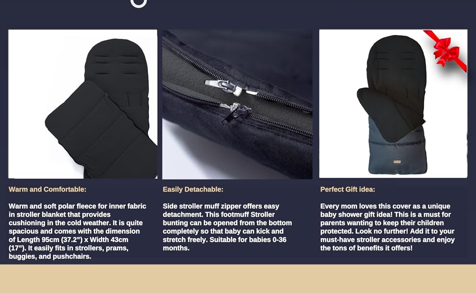 Perfect gift for a baby, this universal footmuff is easy to install on strollers, prams, buggies.