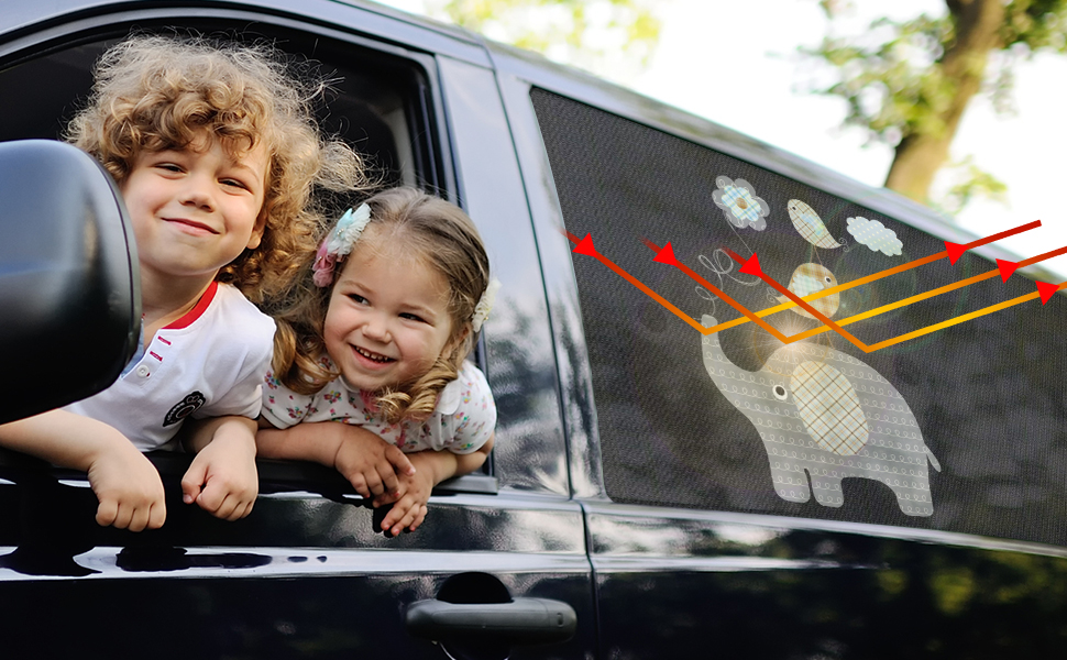 Car window with colorful elephant decal. Demonstrates product's use as decorative car window sticker for families.