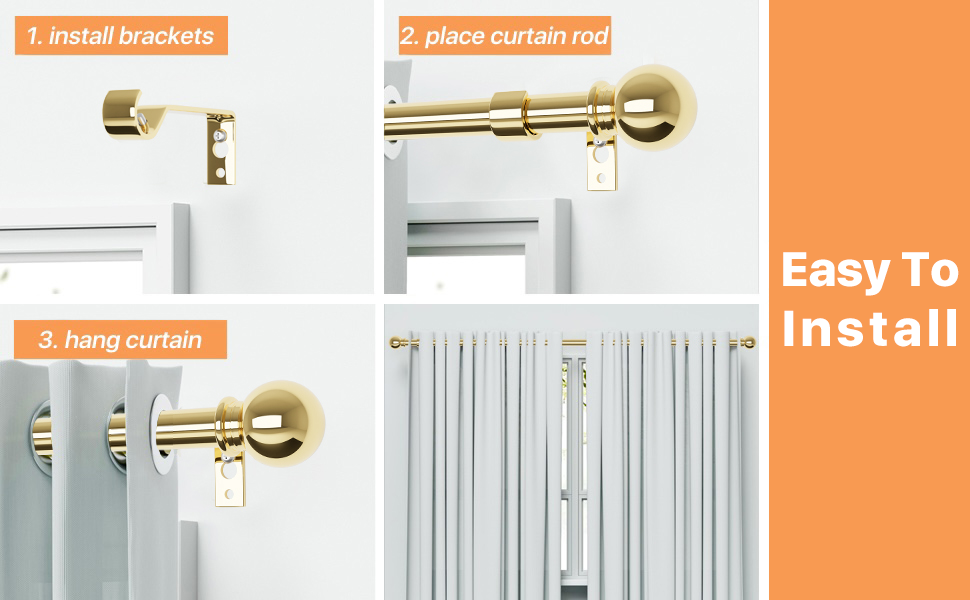 Gold Curtain Rods for Windows 66 to 120, Long Adjustable