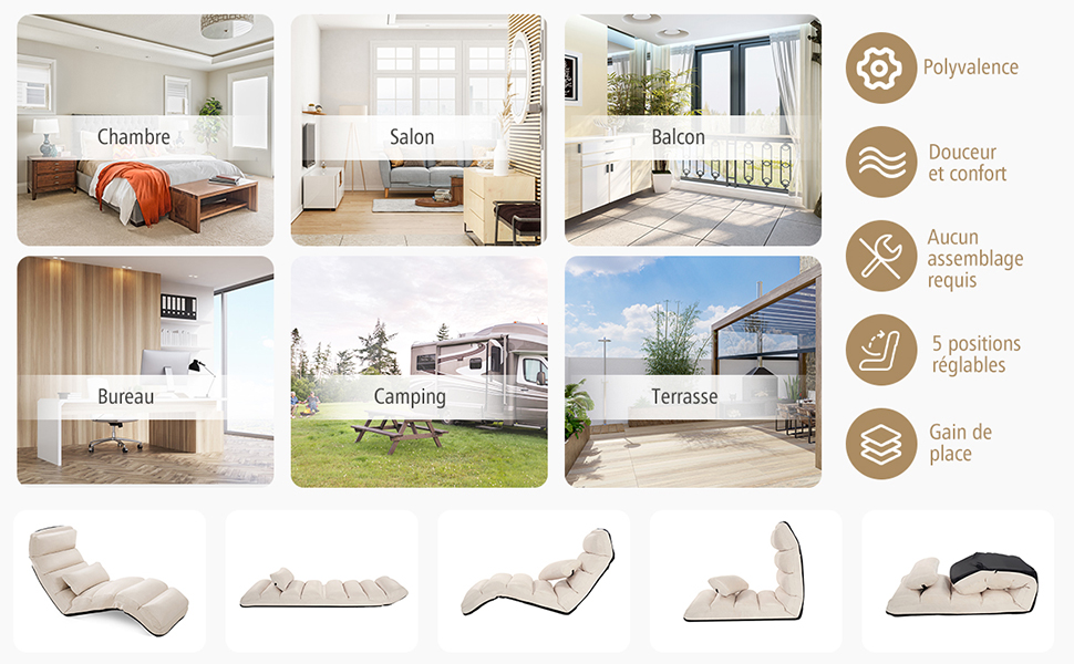 RELAX4LIFE Méridienne En Daim Réglable En 5 Positions 90°-180°et Oreiller, Chauffeuse 1 Place Convertible Rembourrée, Fauteuil Relaxant Au Sol Pour Bureau, Salon,Chambre, 175x55x20CM (Brun) 15 3