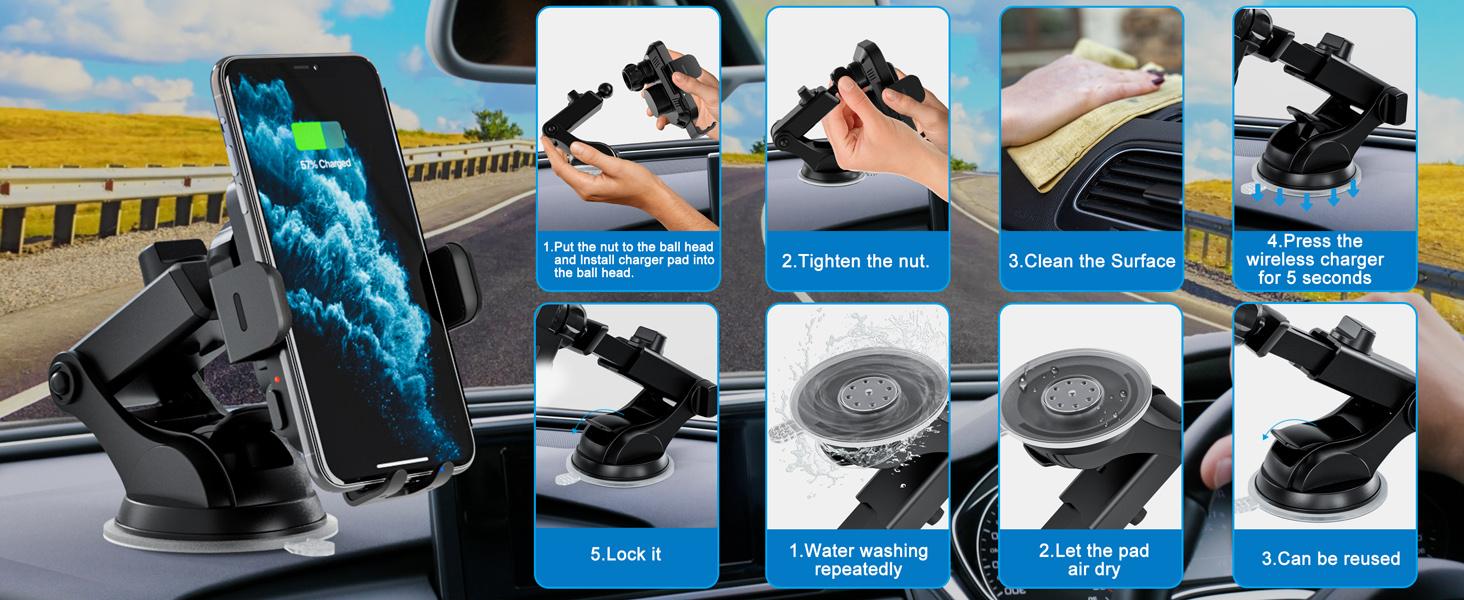 Car phone mount with suction cup base, showing installation steps. Features adjustable grip arms and dashboard/windshield mounting options.