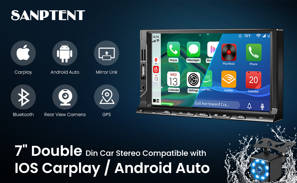 SANPTENT Double Din Car Stereo with Apple Carplay and