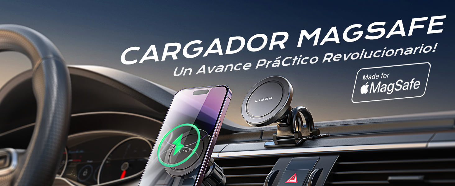 montado en el salpicadero, carga el smartphone de forma inalámbrica. Muestra un indicador de carga verde en la pantalla del teléfono y un punto de conexión magnético circular
