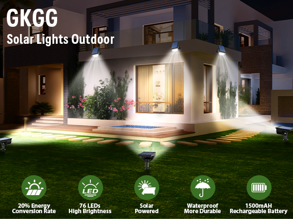GKGG Solar Lights Outdoor Waterproof IP65, 76 LED 3 Lighting