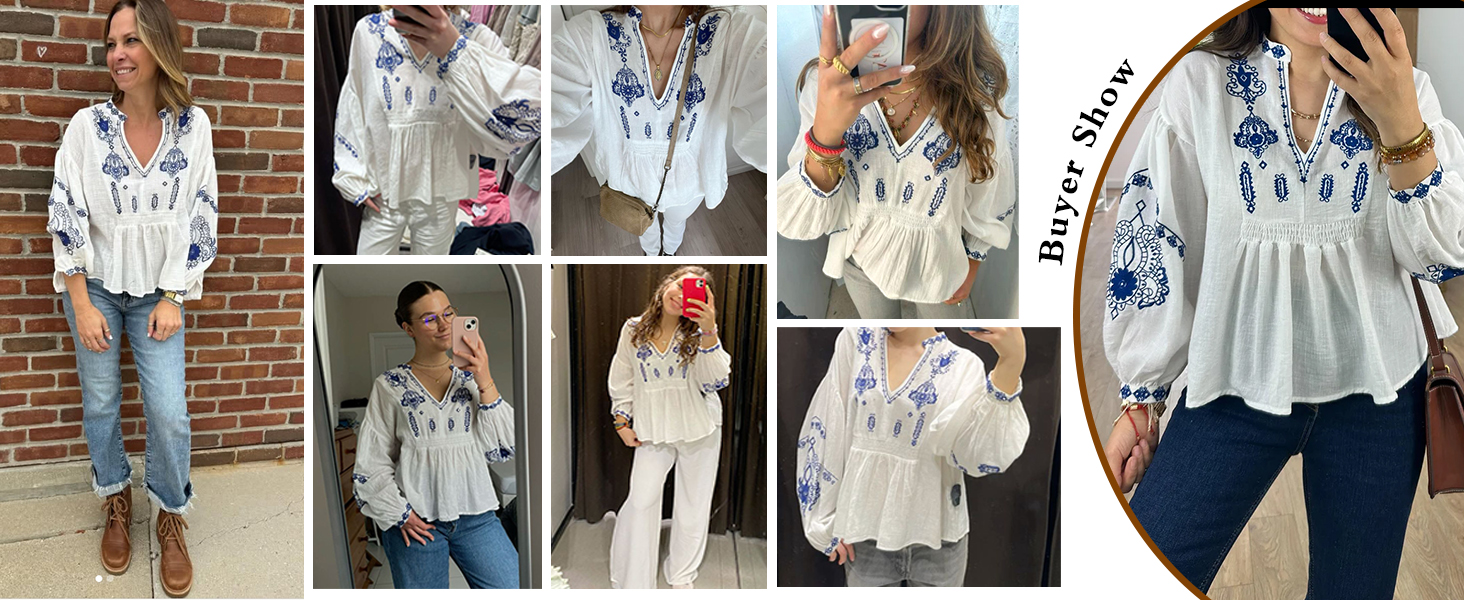 Womens Embroidered Shirt, Long Sleeve tunic shirt, Lantern Sleeve Boho Tops, V Neck shirt