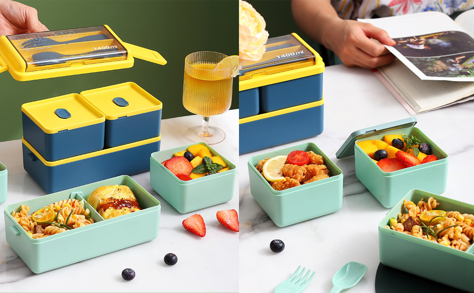 Bento Box Adult Lunch Box Stackable, Kisstta 49OZ Bento Boxes Lunch Containers, Leak Proof Adult