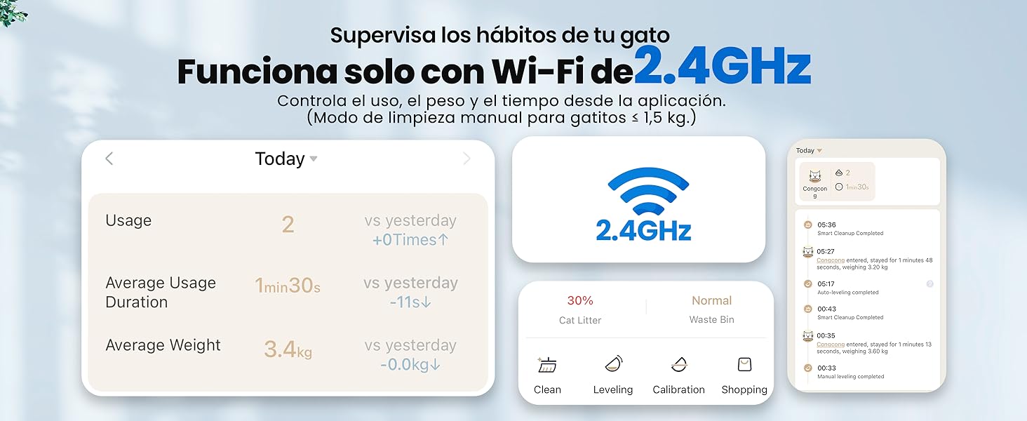 El texto dice «Funciona solo con Wi-Fi de 2.4 GHz». Serie de capturas de pantalla que muestran la interfaz de configuración de Wi-Fi con varios ajustes de red y detalles de conexión.