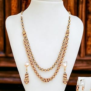 Gold Plated ACCESSHER Handcrafted Long Multi Strand Pearl  Necklace with Earrings