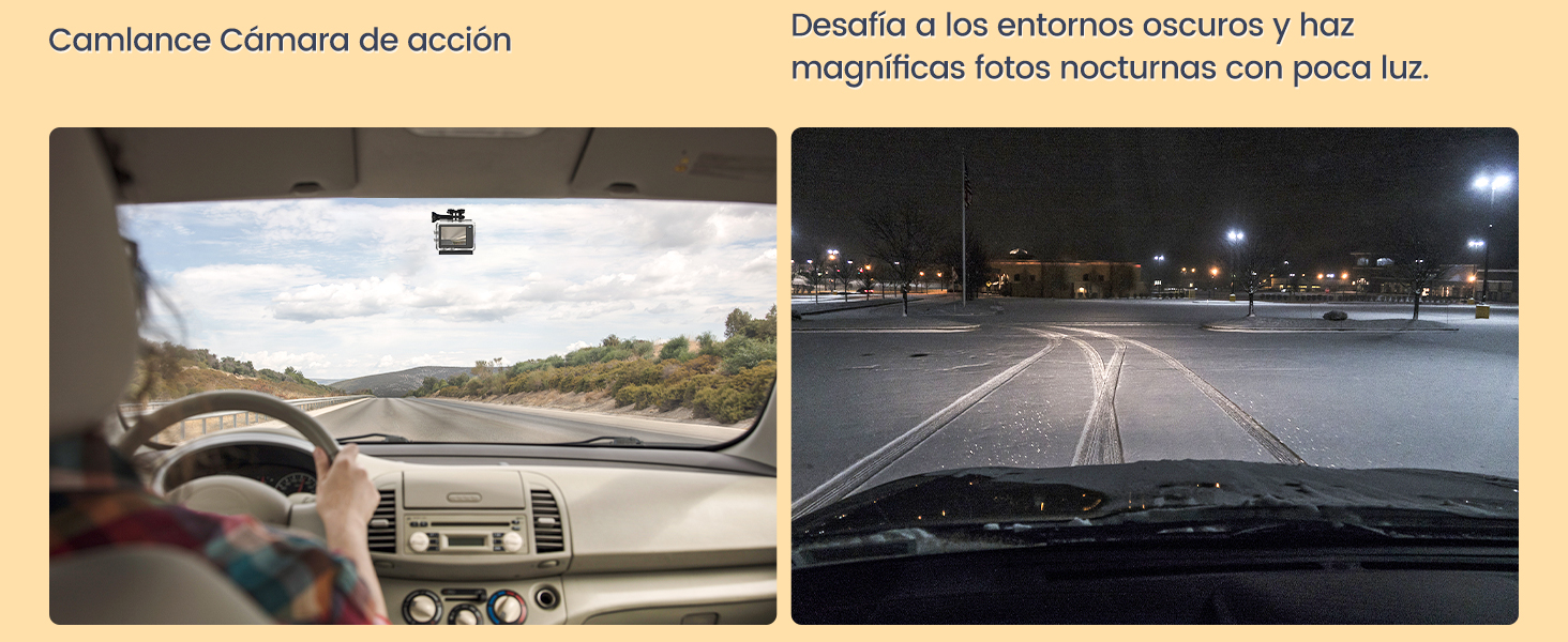 El texto dice «Camara/Cámara de acción». Imagen dividida que muestra escenas de conducción: vista diurna a través del parabrisas y carretera nocturna iluminada por faros.