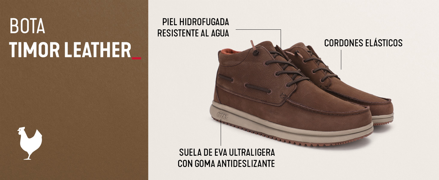 El texto dice «BOTA», «PIEL DE TIMOR», «PIEL HIDROFUGADA RESISTENTE AL AGUA», «SUELA DE EVA ULTRALIGERA», «CON DOBLE ANTIDESLIZANTE». Zapato náutico de piel marrón sobre un fondo neutro.