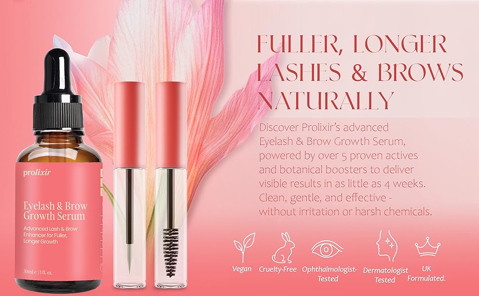 Text reads: 'FULLER, LONGER LASHES & BROWS NATURALLY'. Pink-toned product image showing serum dropper bottle and mascara wand against pastel background with beauty-related icons.