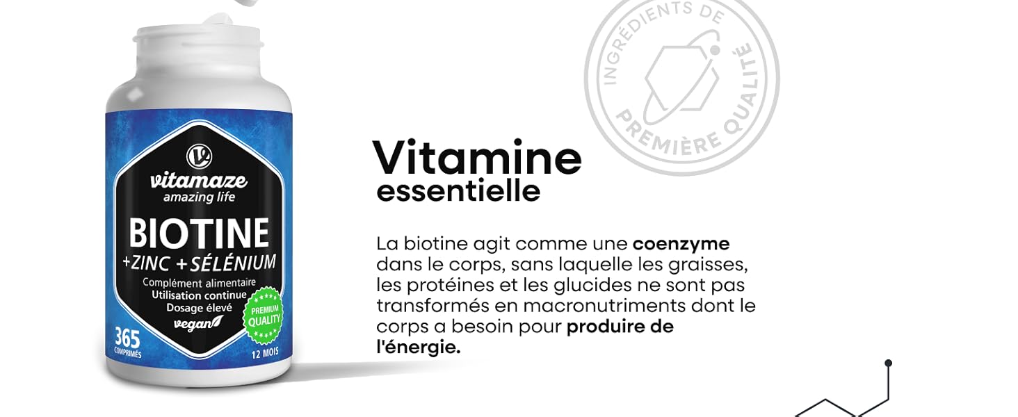 Flacon blanc de complément alimentaire Vitarence Biotine contenant du zinc et du sélénium. L'étiquette du produit montre un logo hexagonal noir et un fond bleu. Le texte français la décrit comme une vitamine essentielle.