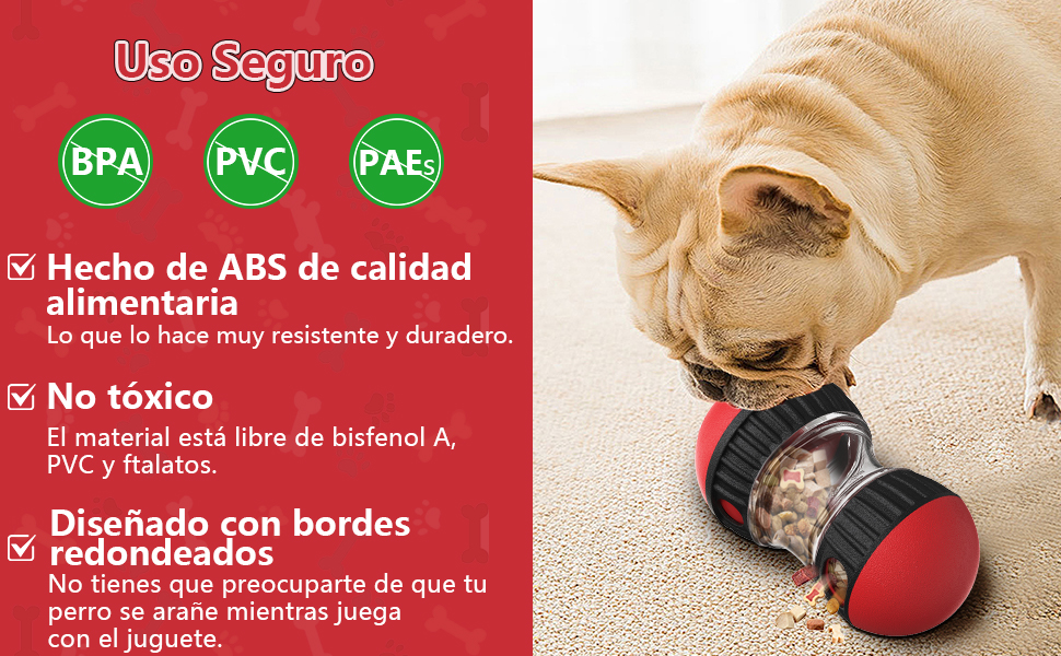 Panel de información sobre seguridad de juguetes para mascotas que muestra íconos de certificación sin BPA, PVC y PAE, con un perro jugando con un juguete transparente