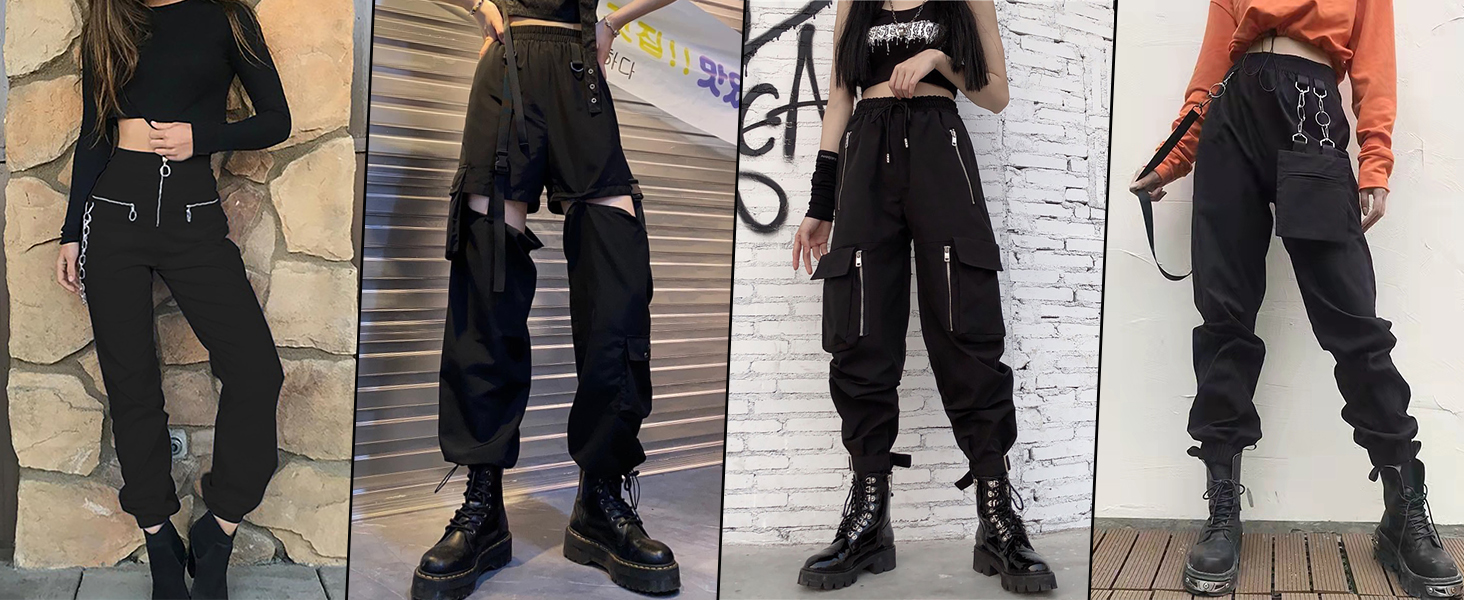 Womens Cargo Pants with Pockets Goth Clothes for Women Punk Multi-Pocket Goth Pants