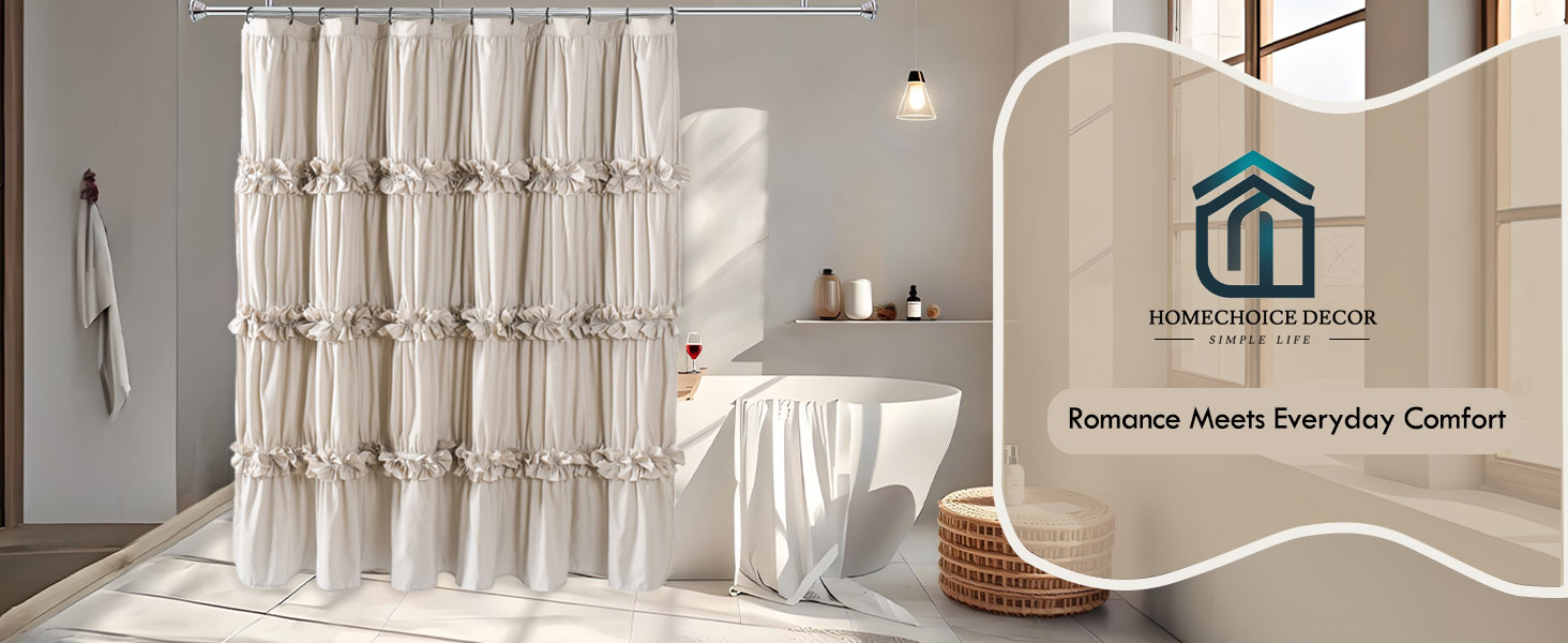 Romance Meets Everyday Comfort - Homechoice Decor Camel Ruffle Shower Curtain, Handcrafted Bow Tie