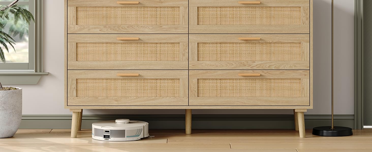 Furniouse 6 Drawer Double Dresser for Bedroom, 47.2" Rattan