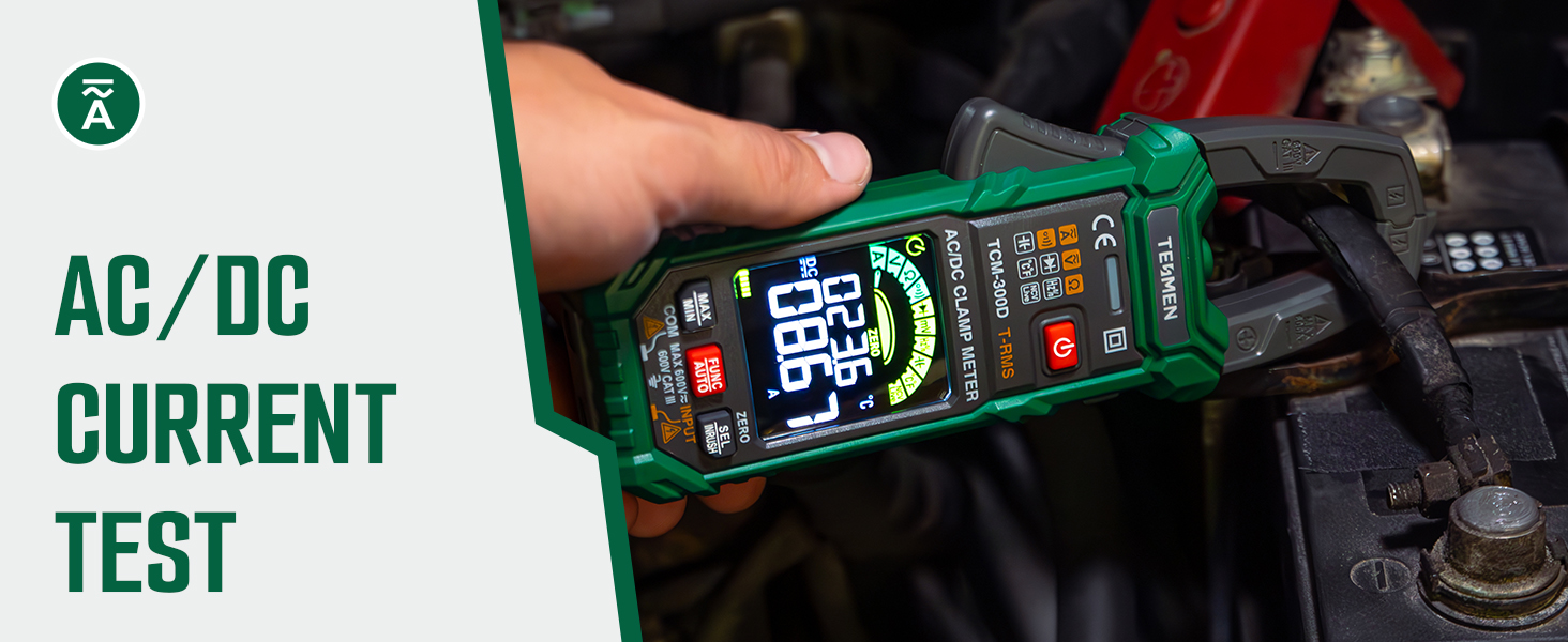 Digital multimeter with AC/DC current test capability. Green device with large LCD display showing measurements, being used near automotive components.