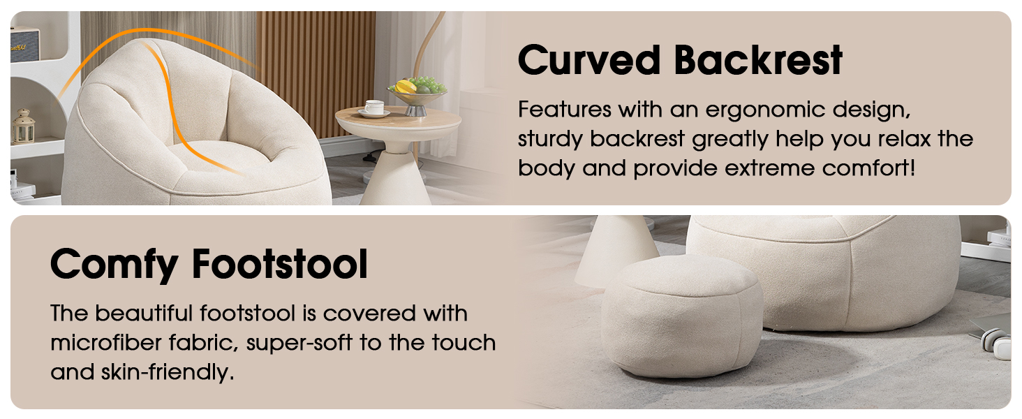 Bean Bag Chair for Adult, Microfiber Upholstered Bean Bag Sofa with Petal Back, Shell-Shaped Beanbag Chair with Footstool, Memory Foam Stuffed Lazy Sofa for Living Room, Bedroom (Beige) 14 Bean Bag Chair