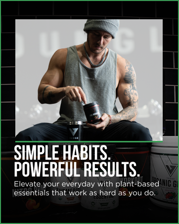 Athlete using Vedge plant-based supplement, highlighting simple habits for powerful fitness results