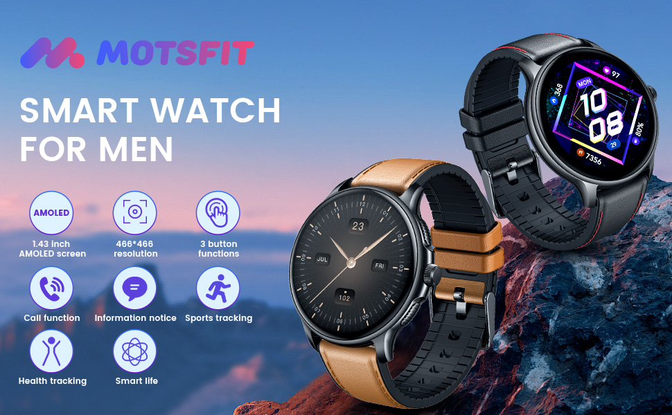 Text reads 'MOYSHP SMART WATCH FOR MEN'. Advertisement showing two smartwatches with round faces displaying digital time, with feature icons below including bluetooth and fitness tracking symbols.