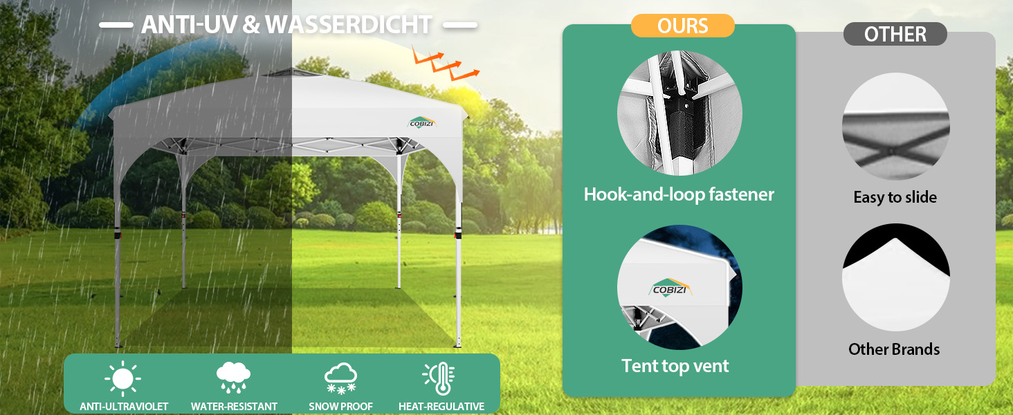 . Montre le modèle 3D de la tente avec des options de personnalisation pour la taille, la couleur et les caractéristiques telles que les parois latérales et les moustiquaires