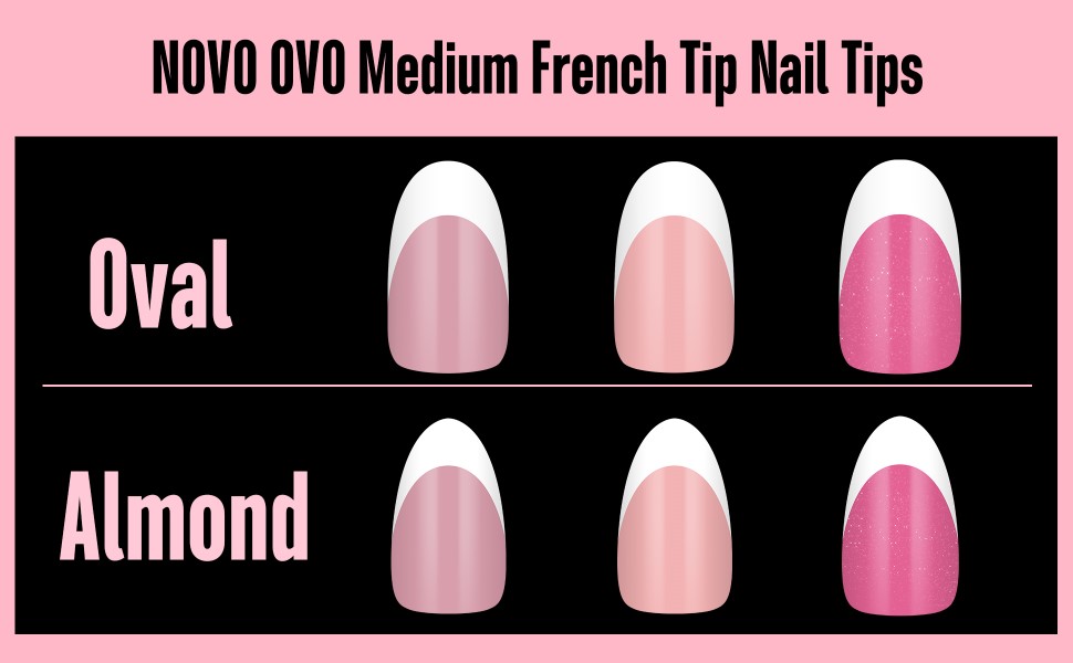 Text reads 'NOVO OVO Medium French Tip Nail Tips'. Product display showing artificial nail tips in various sizes, featuring oval and almond shapes in pink tones.