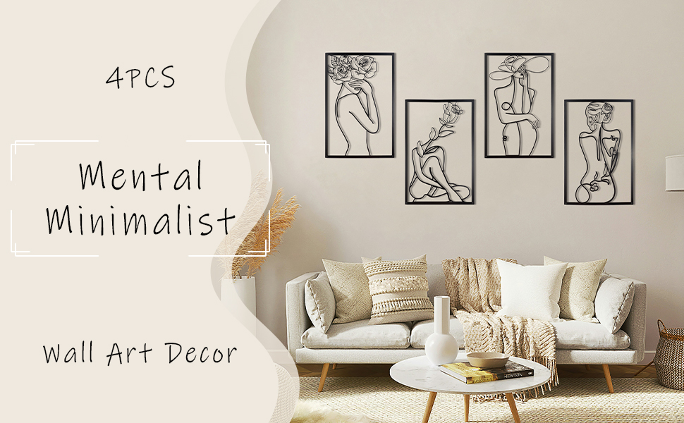 CXRYLZ 4PCS Mental Wall Art Decor, Framed Modern Wall Decor, Aesthetic Wall Decorations, Abstract Flower Line Drawing Artworks, Minimalist Wall Art for Women, Bedroom, Living Room, Bathroom (Black) 10 metal woman wall art