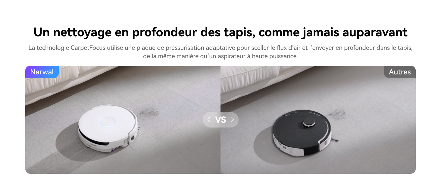 Le texte se lit comme suit : « Un nettoyage en profondeur des tapis, comme jamais auparavant ». Gros plan des composants de l'aspirateur avec interface de commande en noir et blanc.