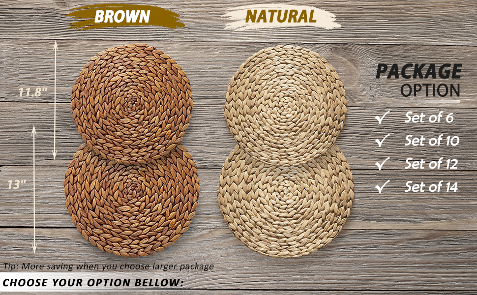 Woven Placemats (Set of 10), 13" Round Placemats, Rattan