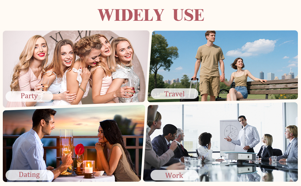 Text reads 'WIDELY USE'. Collage of people in various settings using technology, including office meetings and casual environments.