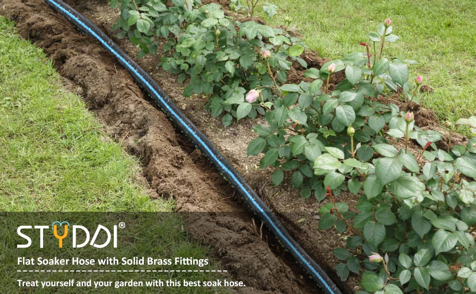 STYDDI Heavy Duty Garden Flat Soaker Hose, 50FT Flat Rubber Soaker Hose, Flexible