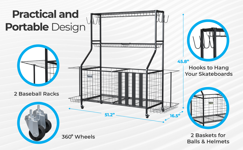 sports equipment storage organizer cart rolling hooks basket bicycle rack balls accessories rackets