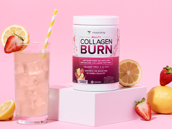 Single bottle of Multi Collagen Burn Strawberry Lemonade next to an iced glass of liquid with fruit