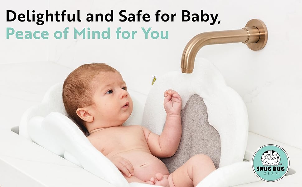 Newborn baby safely and comfortably cradled inside the blooming baby bath cushion in a sink
