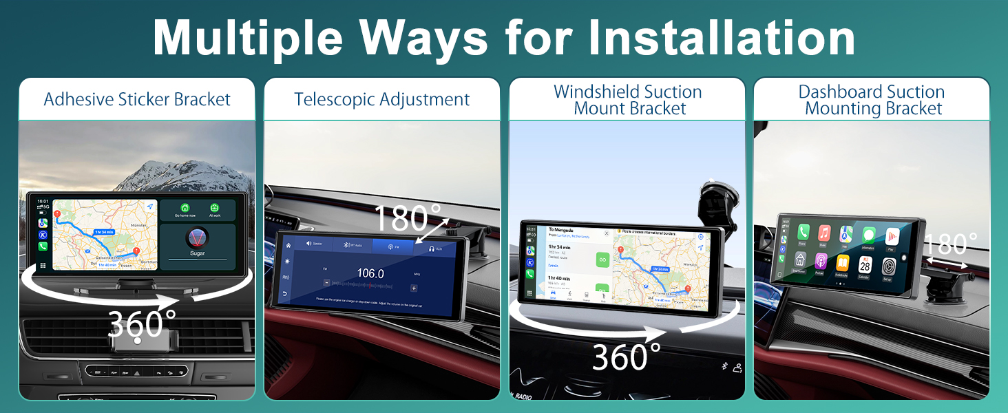 Text reads 'Multiple Ways for Installation'. Instructional diagram showing different mounting options and installation steps for a product on various surfaces.