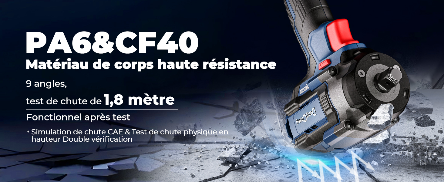 Le texte indique « PA62CF40 », « Materiau de corps haute résistance », « Test de chute de 1,8 mètre ». Démonstration de produits industriels dans un environnement teinté de bleu avec des tests de durabilité.