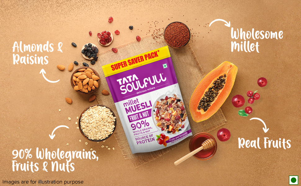 Tata Soulfull Fruit & Nut Millet Muesli, Contains Fruits & Almonds