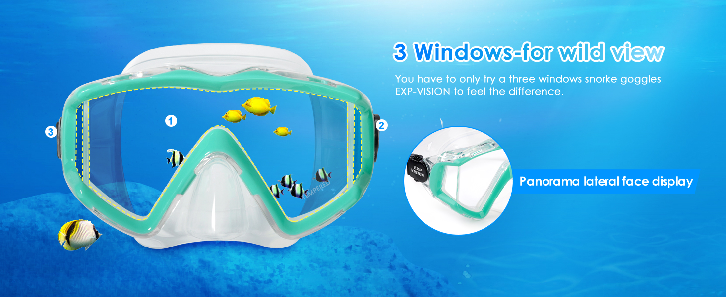 Snorkel Set Pano 3 Adult Snorkeling Gear Anti-Fog Snorkel Mask Dry Top Snorkel Scuba Diving Mask