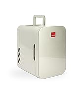 Portable mini fridge with white exterior, carrying handle, and red logo. Features ventilation slots and a door on the front, suitable for cooling or warming beverages and snacks.